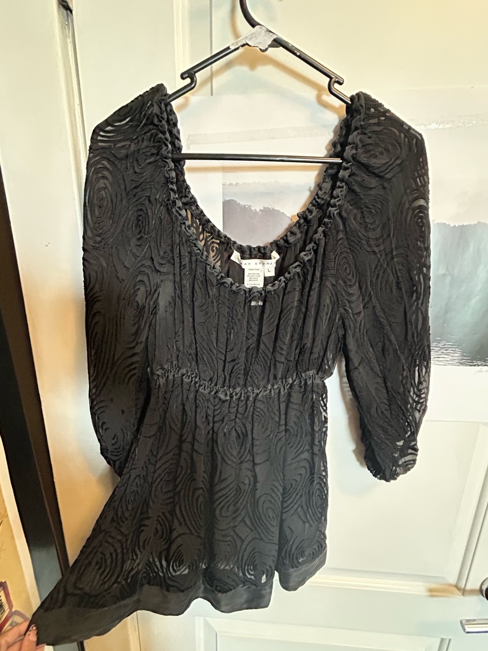 Max Studio Black Swirl-Textured Peasant Top Silk